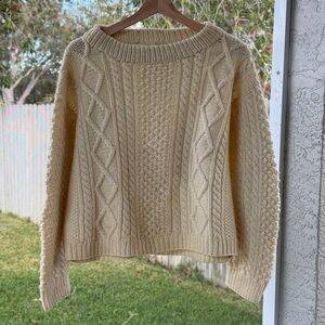 Handmade 100% Wool Fisherman Cable Knit Sweater Cream Oversized Pullover Women S